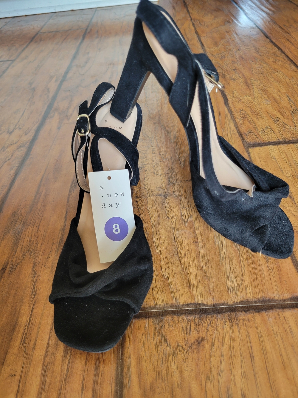 a new day Black Suede Peep-Toe Slingback Block Heels